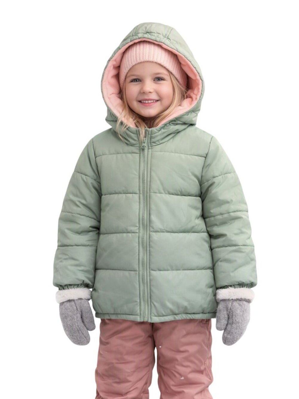 NWT London Fog Puffer Jacket Hood Kids M 5-6 Mint Green Pink Fleece Winter Coat